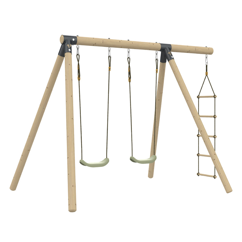 Portique de jeu en bois comprenant deux balançoires simples suspendues par des cordes et une échelle corde.