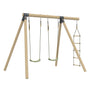 Portique de jeu en bois comprenant deux balançoires simples suspendues par des cordes et une échelle corde.