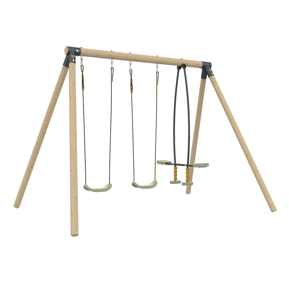 Portique de jeu en bois composé de eux balançoires simples et une balançoire vis-à-vis.