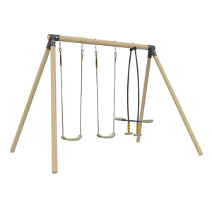 Portique de jeu en bois composé de eux balançoires simples et une balançoire vis-à-vis.