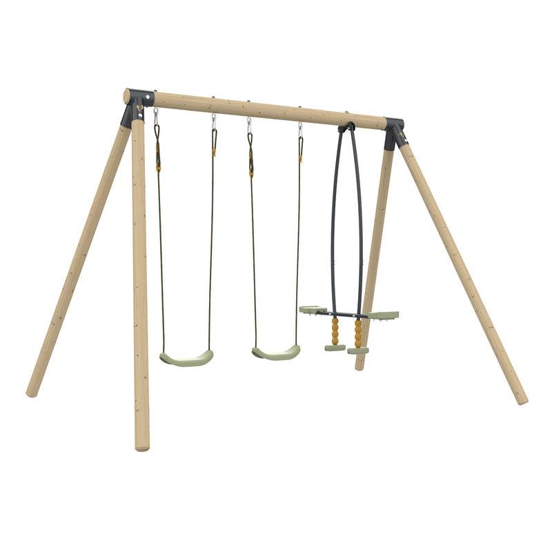 Portique de jeu en bois composé de eux balançoires simples et une balançoire vis-à-vis.