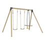 Portique de jeu en bois composé de eux balançoires simples et une balançoire vis-à-vis.