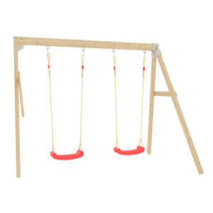 Portique deux balançoires rouges pour maisonnette en bois.