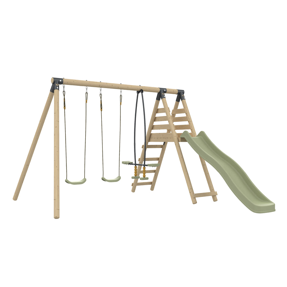 Portique de jeux en bois comprenant deux balançoires simples, un vis-à-vis et une structure latérale avec échelle et toboggan.