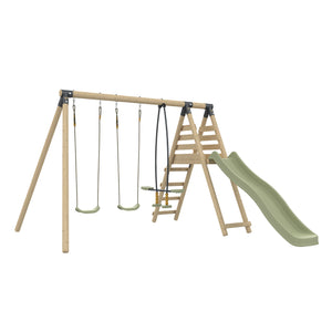 Portique de jeux en bois comprenant deux balançoires simples, un vis-à-vis et une structure latérale avec échelle et toboggan.