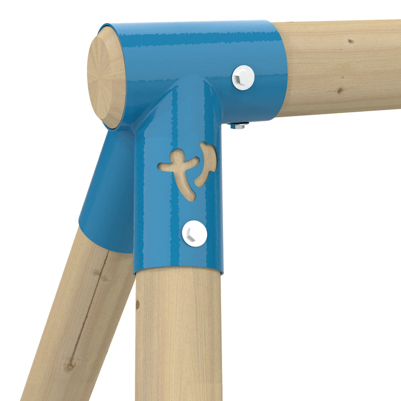 Gros plan sur la jonction métallique d’un portique en bois, montrant une pièce de fixation bleue entourant les poteaux en bois. 