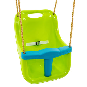 Siège bébé avec harnais 3 points et cordes résistantes.