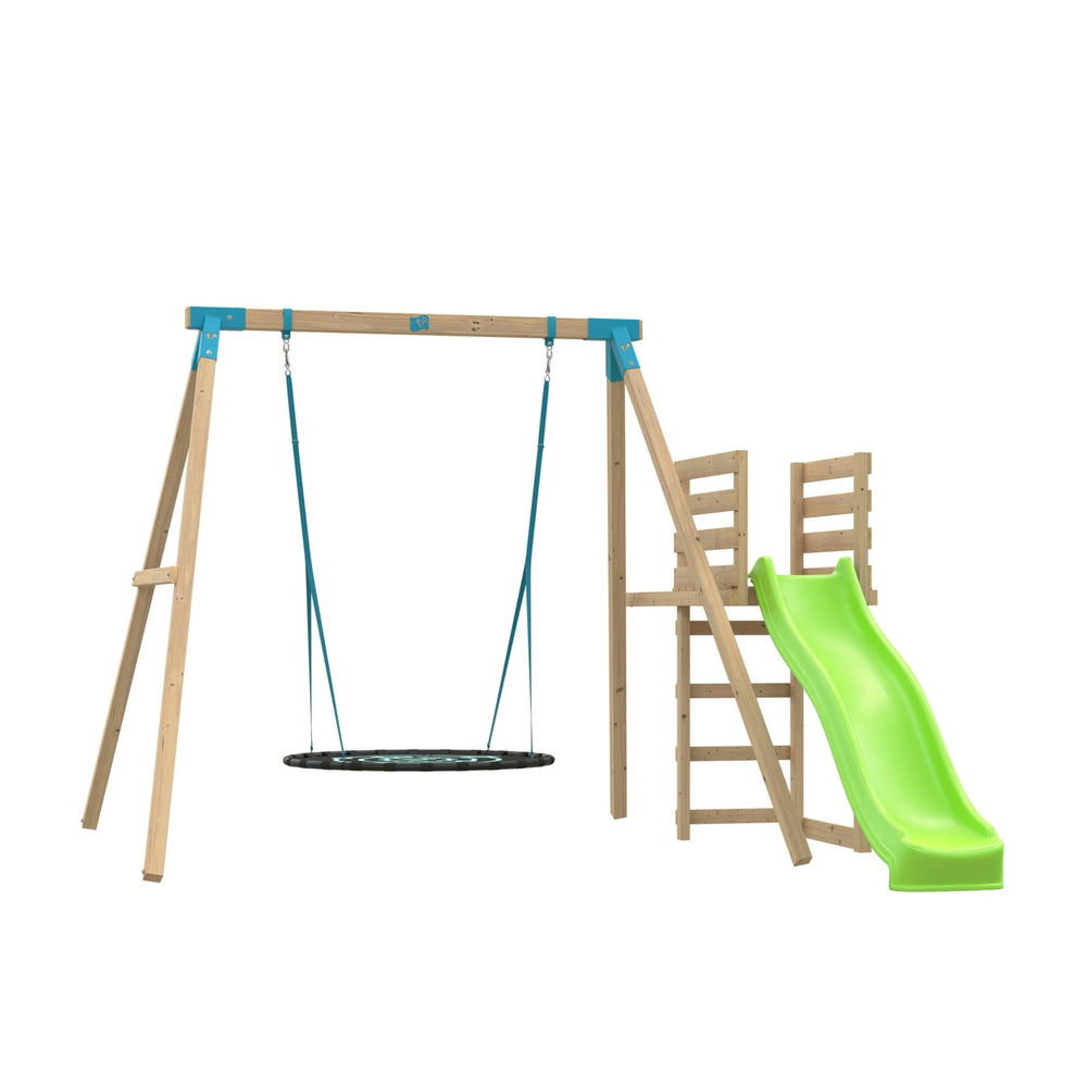 Station ALYSSE balançoire nid - toboggan - kit d'ancrage - bois carré FSC® h243 cm