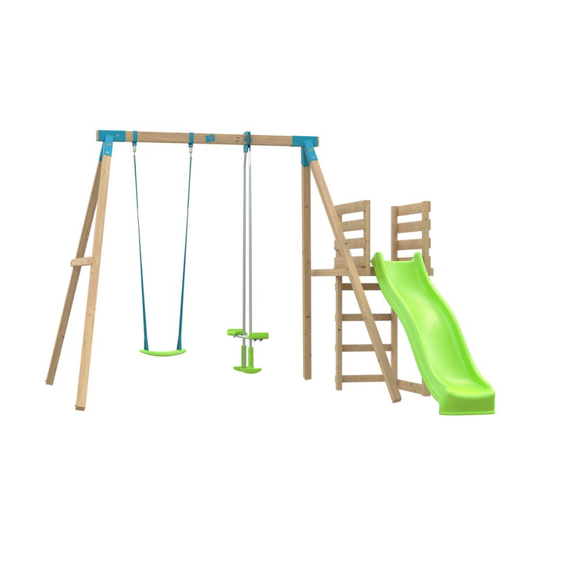 Station de jeux en bois pour enfants avec balançoire vis-à-vis et toboggan.