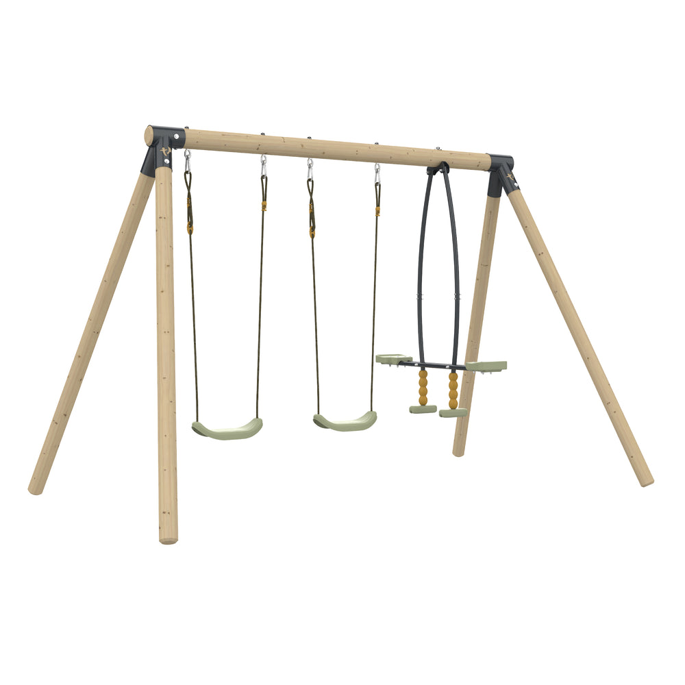 Portique de jeu en bois comprenant deux balançoires simples suspendues par des cordes et une balançoire vis-à-vis.