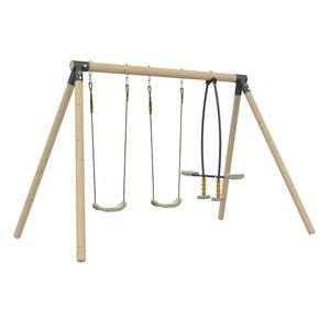 Portique de jeu en bois comprenant deux balançoires simples suspendues par des cordes et une balançoire vis-à-vis.