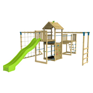 Vue complète de l’aire de jeux Skywood, offrant grimper, explorer et jouer en toute sécurité.