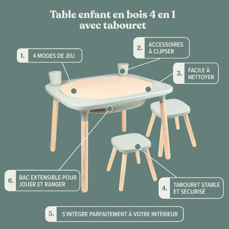 Table de jeux 4 en 1 Montessori avec deux tabourets en bois FSC®