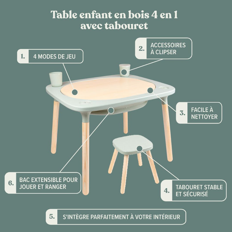 Table de jeux 4 en 1 Montessori avec tabouret en bois FSC®
