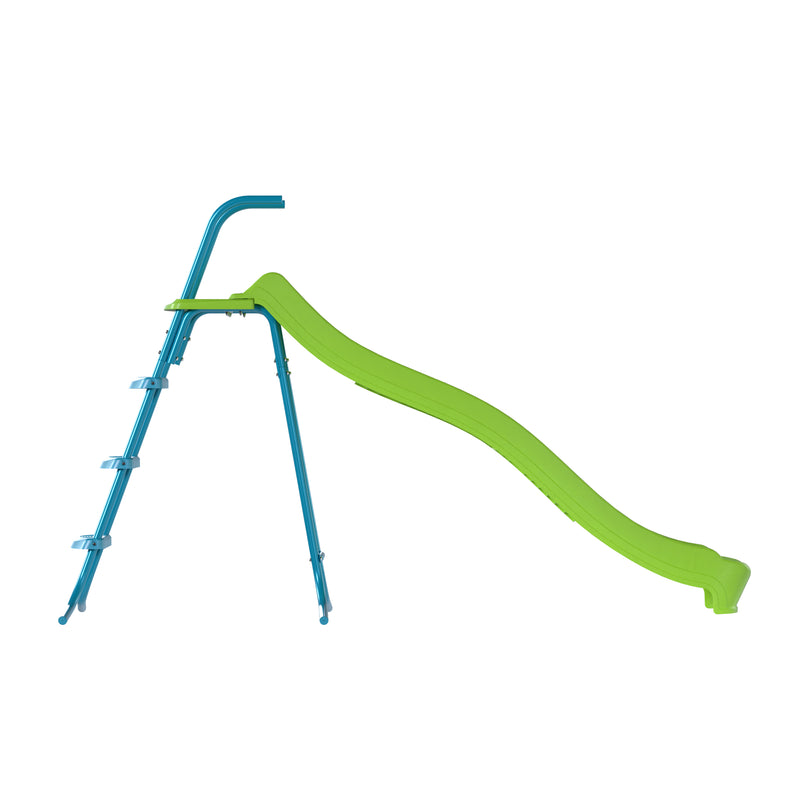 Toboggan ondulé pour enfant vu de côté, avec quatre marches antidérapantes et barre d’appui en métal.