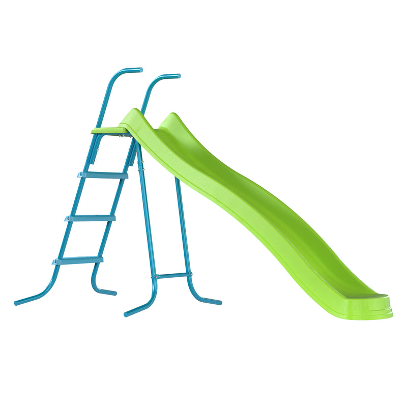 Toboggan ondulé pour enfant vu de côté, avec quatre marches antidérapantes et barre d’appui en métal.