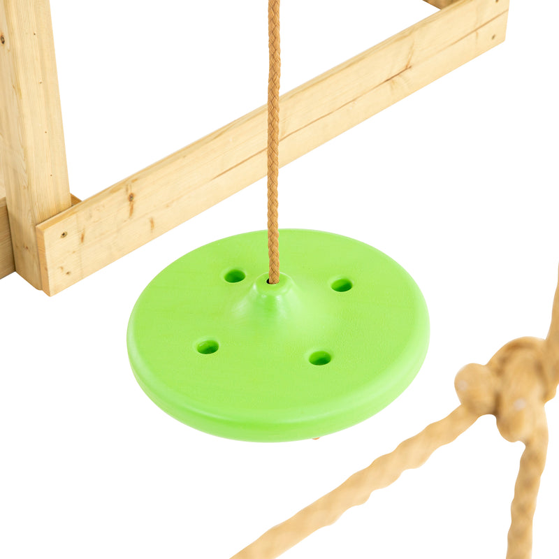 Détail du siège bouton de la tyrolienne pour enfant.