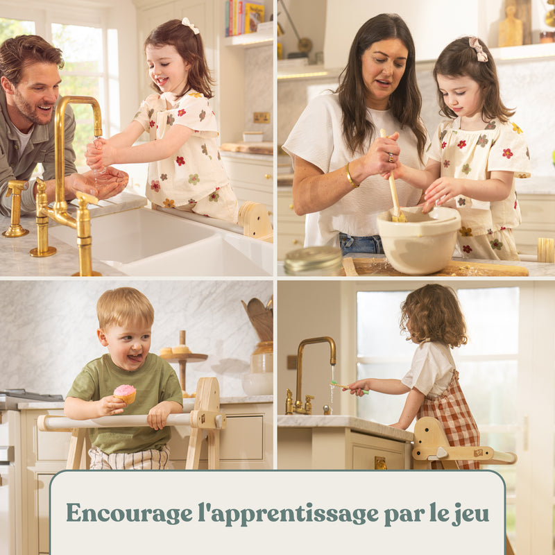 Quatre photos en situation réelle montrant comment la tour d’apprentissage encourage l’apprentissage par le jeu pour les enfants.