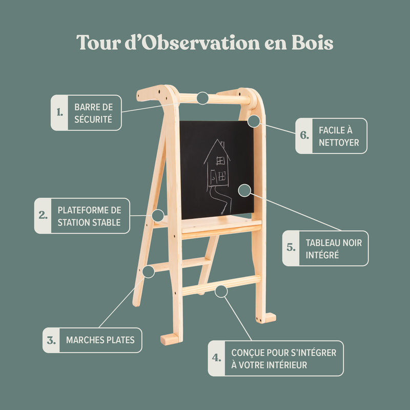 Caractéristiques de la tour d'observation en bois Active Tots : barre de sécurité, plateforme stable, marches plates et tableau noir intégré