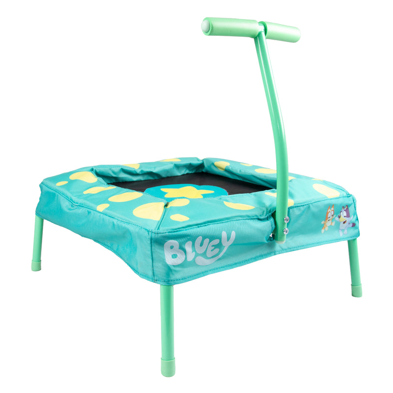 Trampoline Bluey pour enfants, avec protections de cadre et poignée antidérapante.