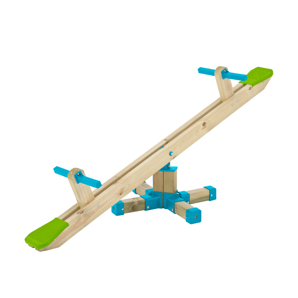Trébuchet en bois avec assises vertes et poignets bleues pour enfants, encourage le jeu créatif et la coordination.
