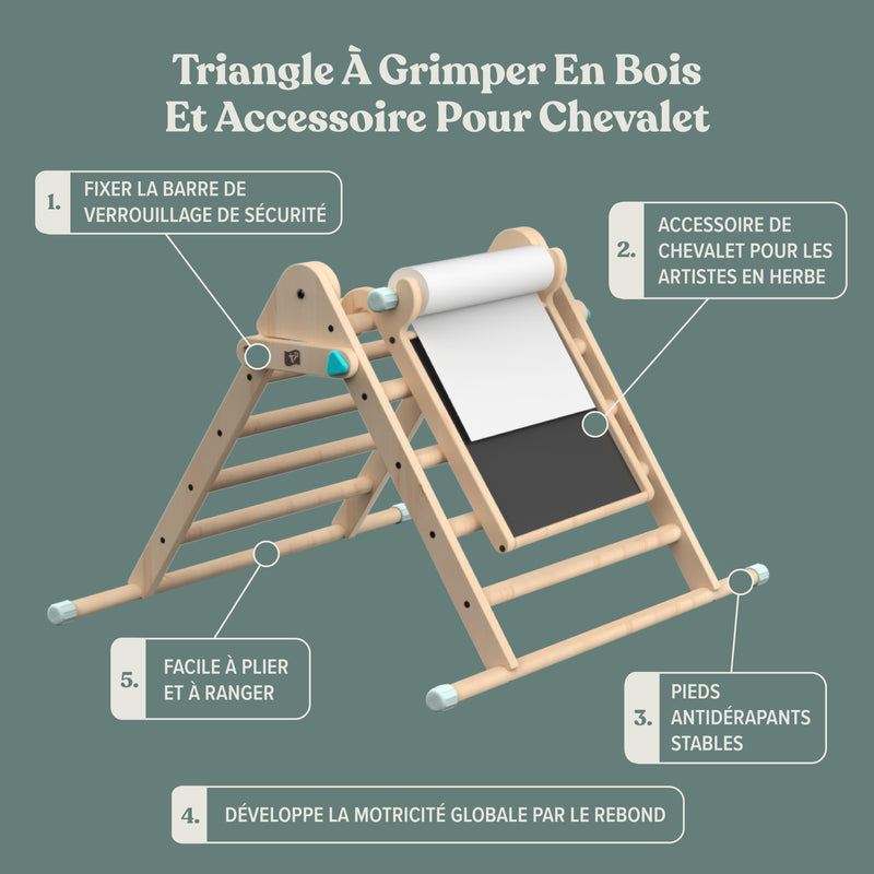 Fiche technique illustrant les caractéristiques du triangle d’escalade avec tableau créatif pour enfants.
