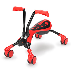 Porteur enfant ScrambleBug Beetle rouge et noir avec 4 roues pivotantes à 360°.