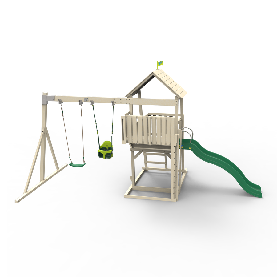 Aire de jeux bois kingswood tp toys balancoire / bras de portique / fauteuil bebe / kit d'ancrage / bac a sable h.306 cm