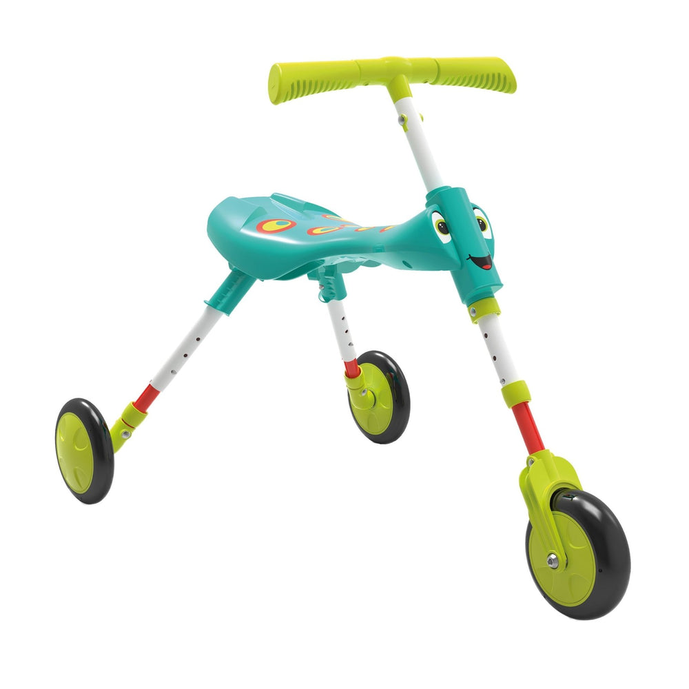 Tricycle enfant pliable 3 roues SCUTTLEBUG XL hauteur réglable bleu et vert.