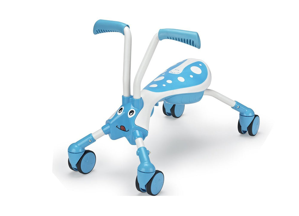 Porteur enfant pliable 4 roues SCRAMBLEBUG TIDE bleu et blanc.